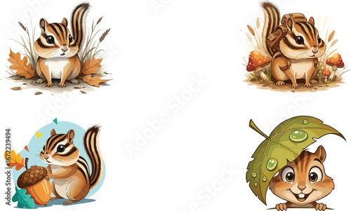 Cute chipmunk illustration set, cartoon chipmunk with acorn, autumn chipmunk artwork, playful chipmunk clipart, woodland animal character, forest mascot design