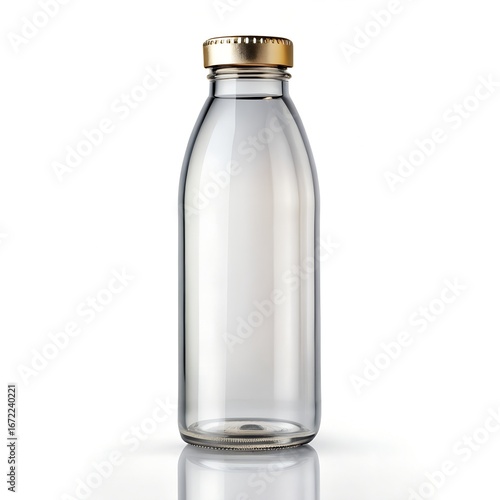 Transparent Glass Water Bottle with Metal Cap on White Background
