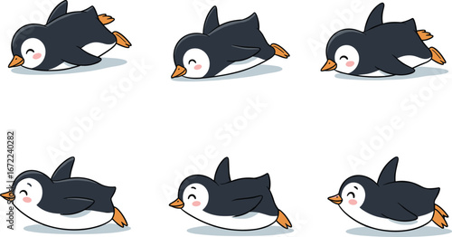 Cute penguin sliding on ice, adorable cartoon penguin animation frames, funny penguin character illustration, winter animal clipart, children’s penguin drawing design