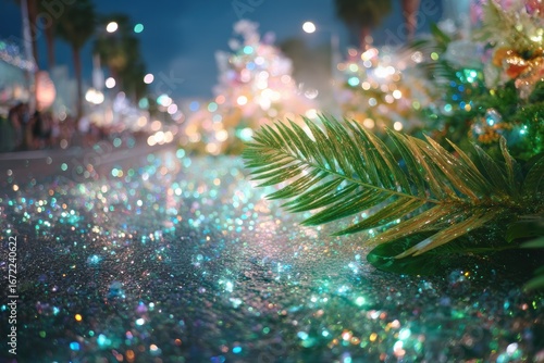 Sparkling Palm Frond and Glittering Lights on Festive Street, Captivating Night Scene with Colorful Bokeh and Seasonal Decor for Vibrant Celebrations