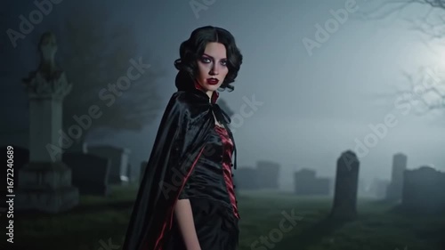 Fashionable model with long dark hair in a red retro dress posing in a dark studio