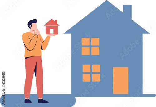 Man contemplating a small house model, standing next to a larger house silhouette.