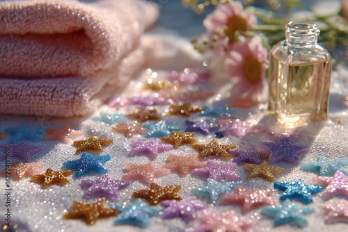 Sparkling Stars and Soft Textiles: A Tranquil Spa Setting Featuring Colorful Glitter Stars, Scented Oil, and Plush Towels for a Relaxing Retreat Experience