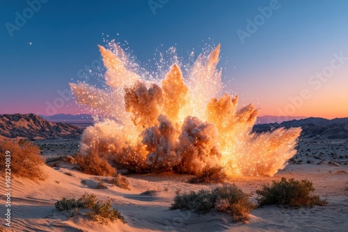 Spectacular Desert Explosion at Dusk with Vibrant Colors Lighting Up the Sky, Capturing the Raw Power of Nature in a Stunning Landscape Scene