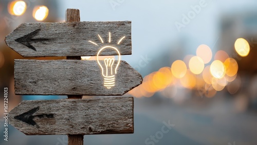 Wooden signpost with glowing lightbulb, suggesting choices and ideas
