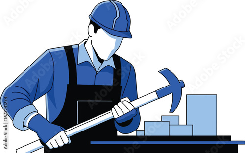 A construction worker wielding a sledgehammer, preparing to demolish building blocks.
