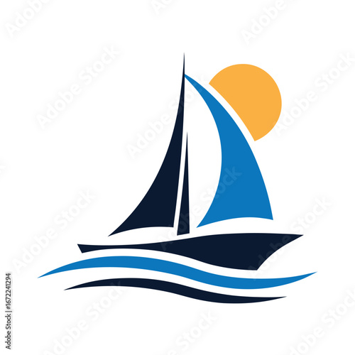 Stylized sailboat with blue sails and dark hull on wavy blue water under orange sun sailing