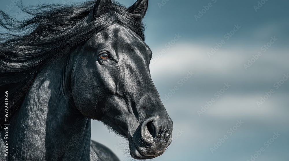 Fototapeta premium Majestic black horse with flowing mane standing against a dramatic sky at sunset in a tranquil outdoor setting