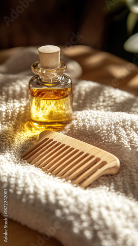 Natural wooden comb with hair oil bottle on soft towel