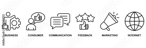 B2C icon set vector illustration concept for business to consumer concept of marketing with communications, feedback, marketing, and internet icon