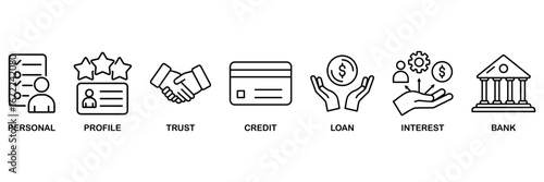 Microcredit icon set vector illustration concept for personal, profile, trust, credit, loan, interest and bank
