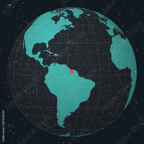 Suriname on Globe. Vintage look with grunge scratched texture. Country view on world map in Dark Charcoal Turquoise color palette. Suriname shape on map. Globe with meridians and parallels.