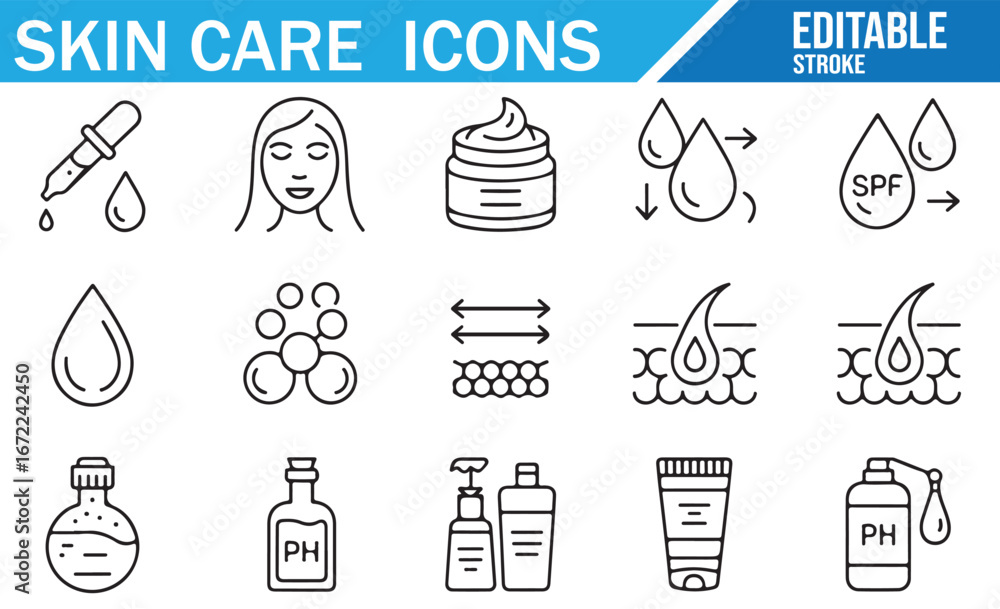 Fototapeta premium Vector Set of Skin Care Icons for Hydration, Moisturizing, and Skin Health