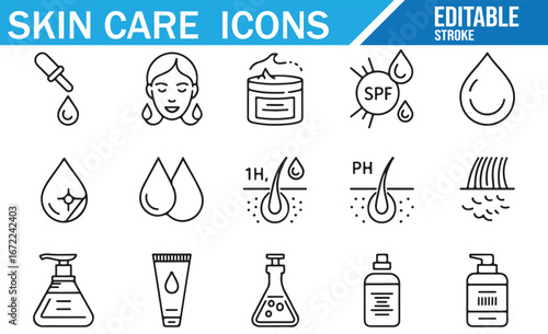 Skin Care and Beauty Icons in Editable Stroke Style – Includes Serum, Moisturizer, and Drops