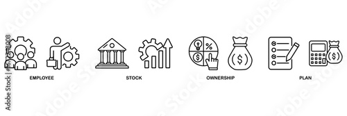 Esop icon set vector illustration concept for employee stock ownership plan with icon of management, bank, graph, fund, investment and statistics