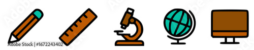 Illustration of school and science related objects: pencil, ruler, microscope, globe, and computer.
