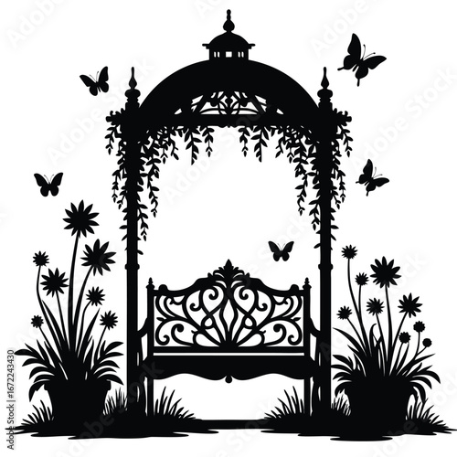 Black silhouette garden gazebo with bench and butterflies 1