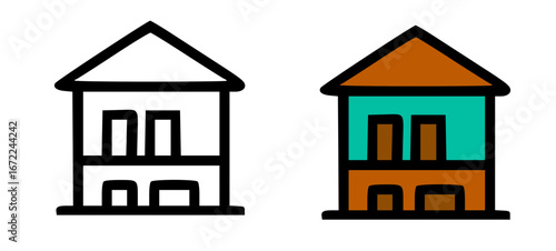 Simple line drawings of a two-story house, one in black and white, the other with brown and teal coloring.