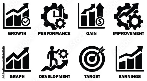 Business growth and development icons, performance gain and improvement symbols, black and white vector set, success strategy elements, finance and progress design