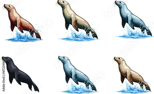 Sea lion illustration set, marine animal vector, ocean wildlife drawing, cartoon style seal artwork, aquatic predator mascot, jumping sea lion