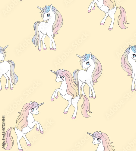 Seamless cute unicorn pattern on yellow background. Vector illustration for printing textile, bags, bottle, wallpapers, card, scrapbook, packaging paper. Cute children's background etc