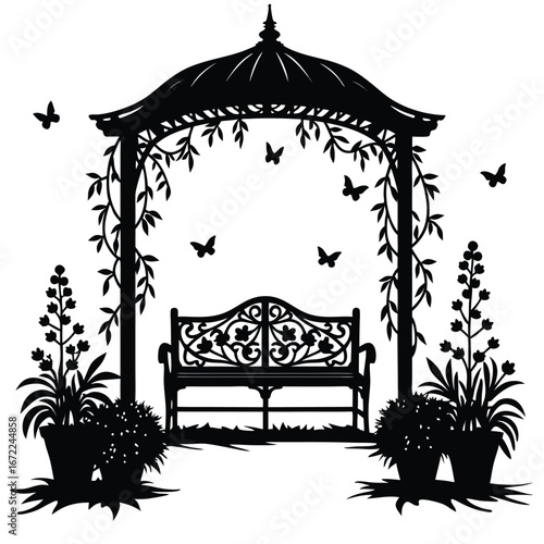 Black silhouette of a garden gazebo with bench and butterflies 2