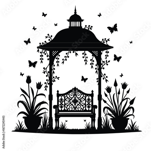 Black silhouette of a garden gazebo with bench and butterflies 6