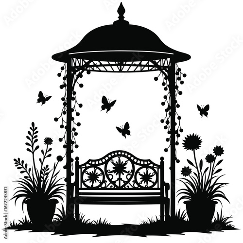 Black silhouette of a garden gazebo with bench and butterflies 5