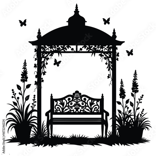 Black silhouette of a garden gazebo with bench and butterflies 9