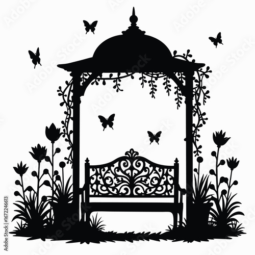 Black silhouette of a garden gazebo with bench and butterflies