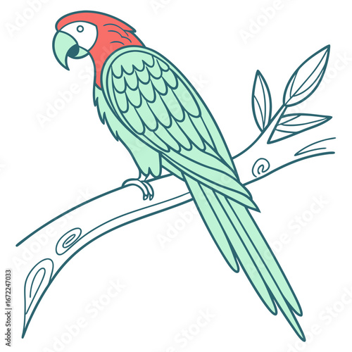 Illustration of a colorful parrot perched on a branch, , showcasing its vibrant plumage and tropical habitat in a simple style