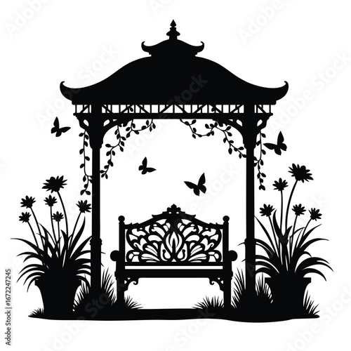 Black silhouette of a garden gazebo with bench and flowers