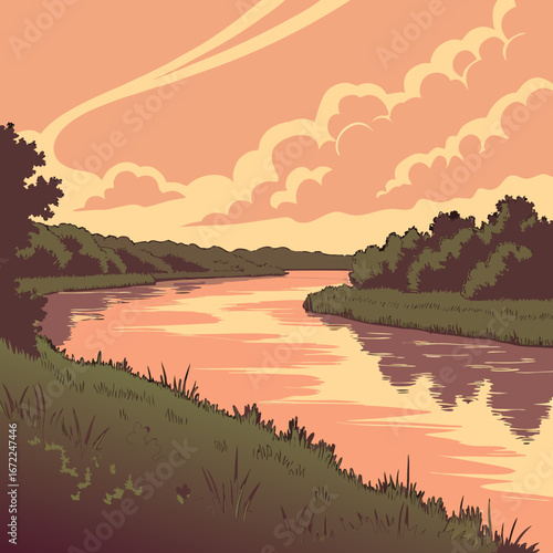 Illustration of a serene river landscape at sunset with trees and clouds reflecting in the water, creating a peaceful and idyllic scene