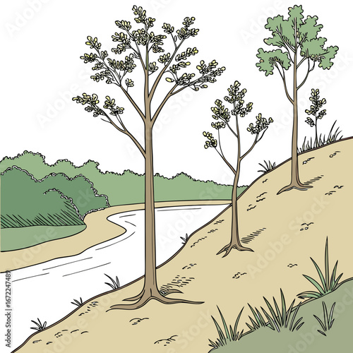Illustration of a serene river landscape with trees on a grassy hill, showcasing the beauty of nature and the tranquility of the countryside