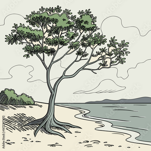 Illustration of a solitary tree on a sandy beach by the sea, with a cloudy sky in the background, capturing the essence of coastal nature
