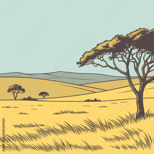 Illustration of an african savanna with acacia trees under a clear sky, capturing the essence of a vast, open landscape, ideal for travel and nature themes