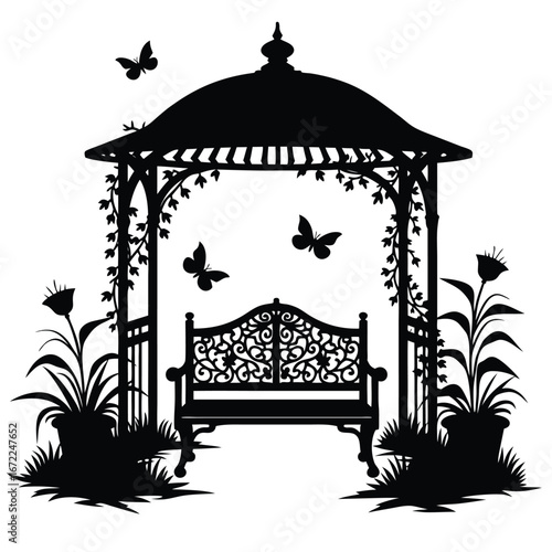 Black silhouette of garden gazebo with bench and butterflies 1
