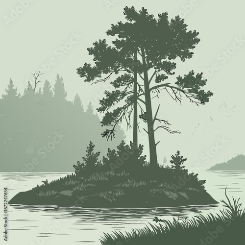 Illustration of an island with trees in a lake, reflecting the sky and creating a serene and natural outdoor scene in a tranquil environment