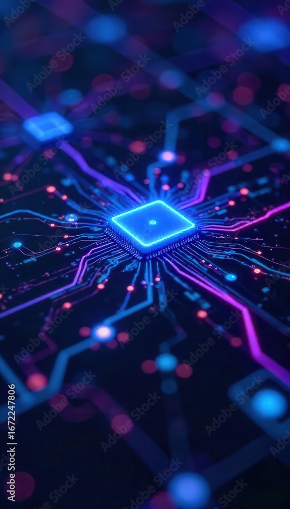 Fototapeta premium Abstract glowing blue and purple circuitry, intricate nodes , vibrant, space