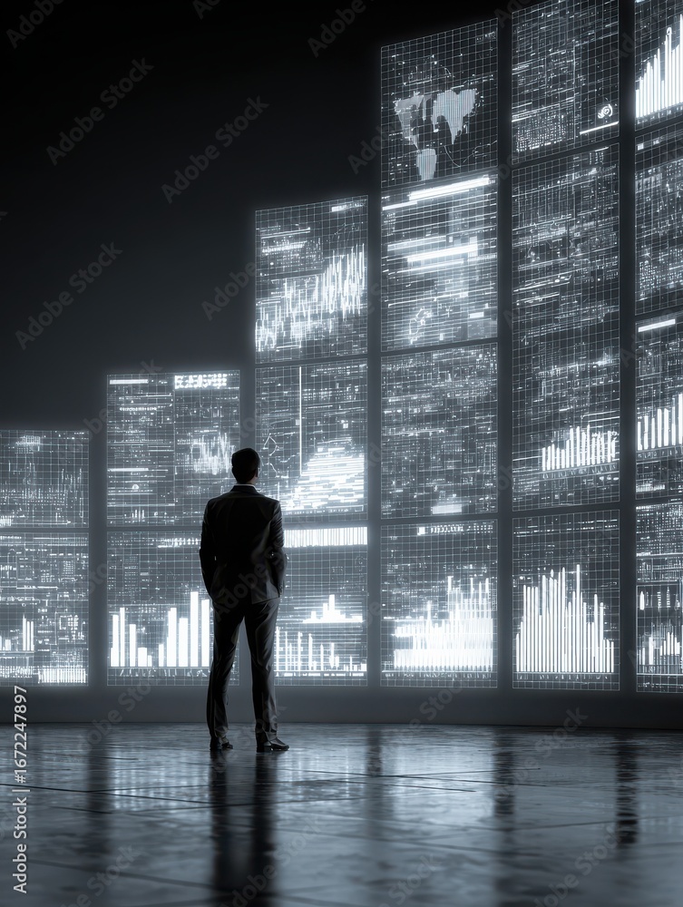 Fototapeta premium businessman viewing digital data graphs and charts projected in a futuristic interface in a corporate office setting