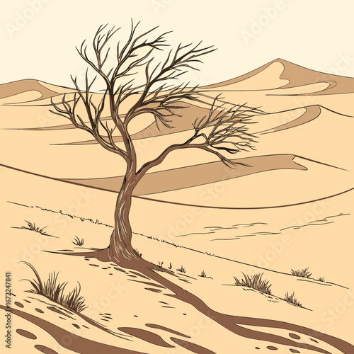Vector art of a desolate desert landscape illustration featuring a lone tree amidst sand dunes, capturing the stark beauty and solitude of the arid environment