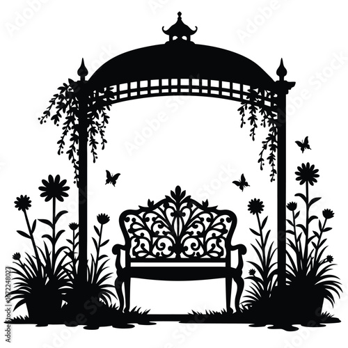 Black silhouette of ornate garden bench under arbor with flowers and butterflies