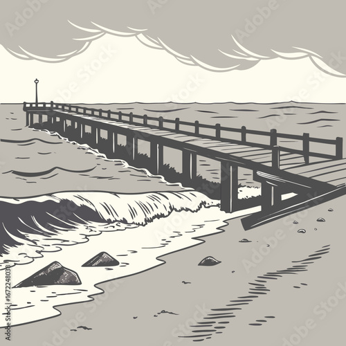 Vector art of a long wooden pier stretches out into the ocean, with gentle waves lapping at the sandy beach under a cloudy sky, creating a tranquil coastal scene