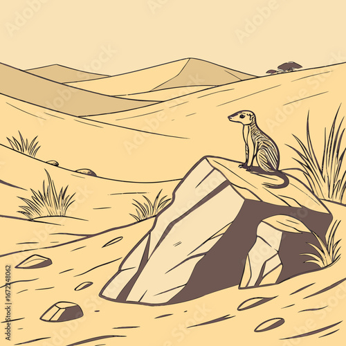 Vector art of a meerkat stands guard on a rock in the vast desert landscape, its watchful eyes scanning the horizon for any sign of danger in the arid environment