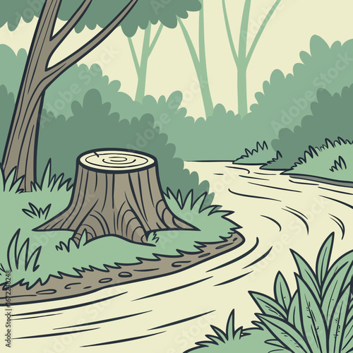 Vector art of a peaceful forest scene with a tree stump by a winding river, showcasing a serene and idyllic landscape with lush greenery and calm waters