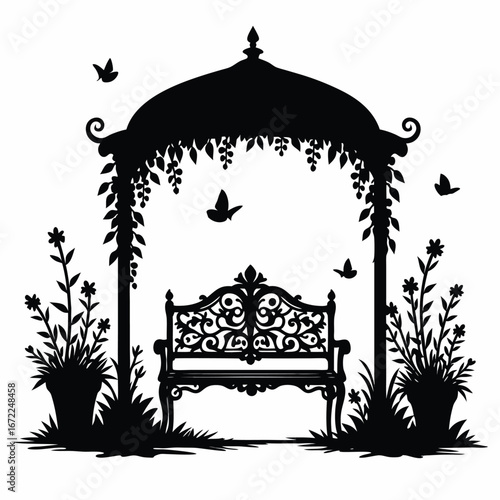Black silhouette of ornate garden bench under gazebo with birds and flowers