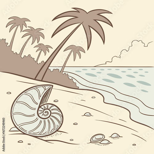 Vector art of a serene beach scene featuring palm trees and a seashell on the sand, evoking a sense of tropical paradise and relaxation