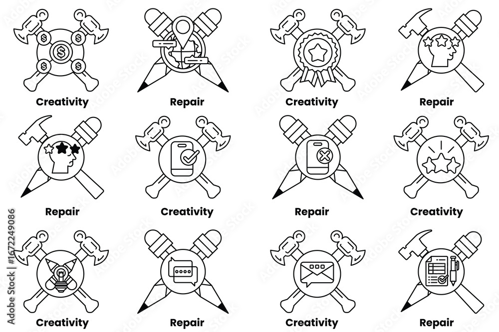 Fototapeta premium A set of symbols that represent various concepts such as creativity, repair