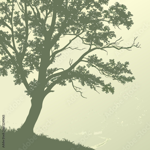 Vector art of a serene silhouette of a tree against a soft background, evoking a sense of peace and tranquility in natures embrace, a timeless and elegant design