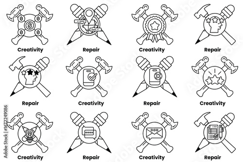 A set of symbols that represent various concepts such as creativity, repair